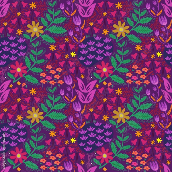 Fototapeta Flowers seamless pattern with nature elements for fashion, fabric, wallpaper, background, print, card, wrap with its elegant, ornate, beautiful and stylish design. Vector and illustration.