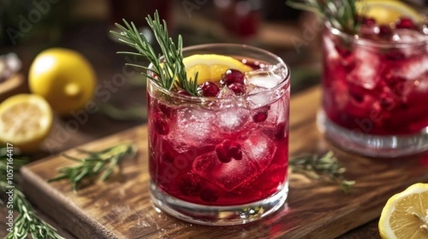 Fototapeta A glass of red drink with a lemon slice and a sprig of rosemary