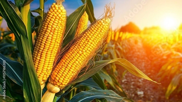 Fototapeta Ripe corn ears on a stalk in a field at sunset.