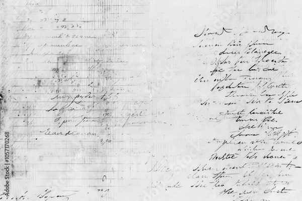 Fototapeta An image of a handwritten text on a faded transparent sheet, showcasing scribbled words with varying shades, conveying a sense of mystery and history.
