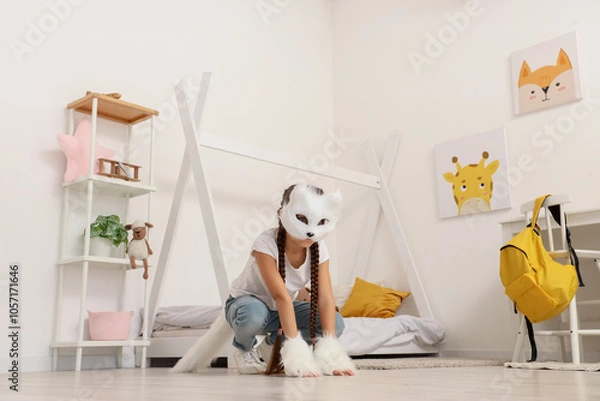 Obraz Quadrober girl with cat mask in bedroom
