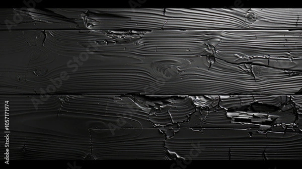 Fototapeta A dark and shiny black wooden surface featuring deep grooves and pronounced texture, conveying a sleek and contemporary aesthetic perfect for modern interiors.