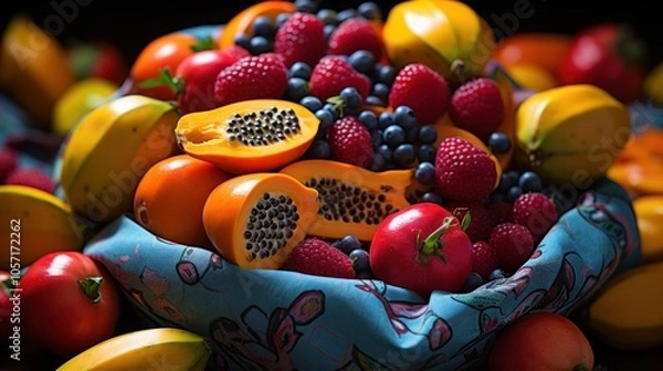 Fototapeta A vibrant display of assorted fruits in a decorative bowl, emphasizing freshness and abundance.