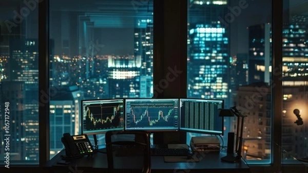Obraz Nighttime View of a Cityscape From a Modern Office