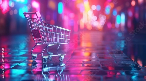 Obraz Shopping Cart in Neon Cityscape
