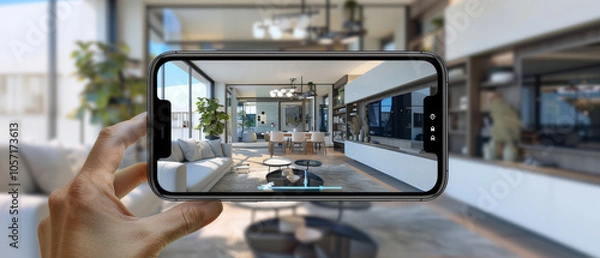 Fototapeta Hand holding a smartphone that is displaying a virtual tour of modern interior home