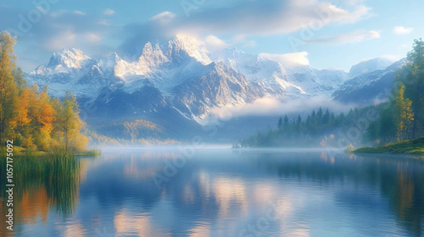 Fototapeta A Tranquil Mountain Lake Reflecting Surrounding Peaks Under a Clear Blue Sky, Creating a Serene Natural Landscape
