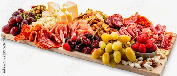 Fototapeta Platter of assorted meats and fresh cheeses displayed on a wooden board