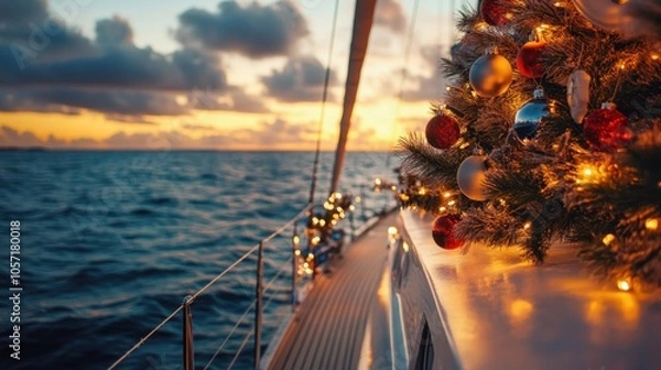 Obraz Christmas tree decorated with baubles and fairy lights on sailboat at sunset