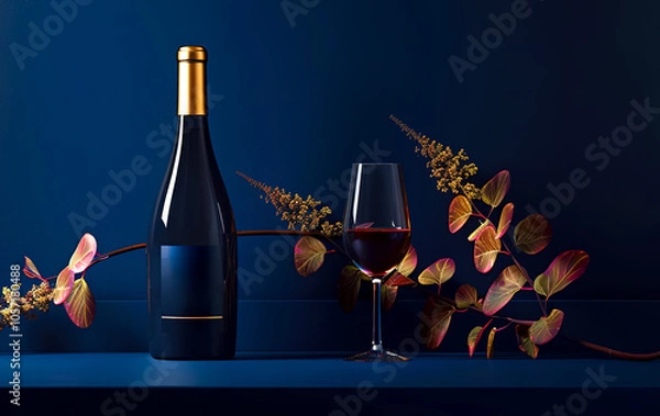 Fototapeta Mock up with bottle of red wine and glass, adorned with autumn branches on deep blue background