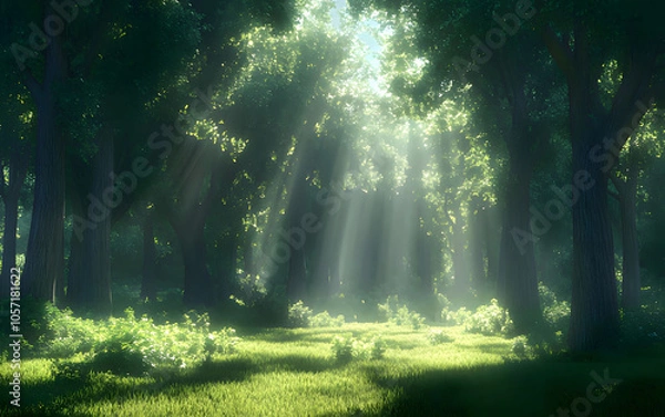 Fototapeta sun rays in the forest. Generative AI