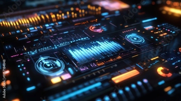 Fototapeta Futuristic holographic music creation tool visualizing beats and instruments