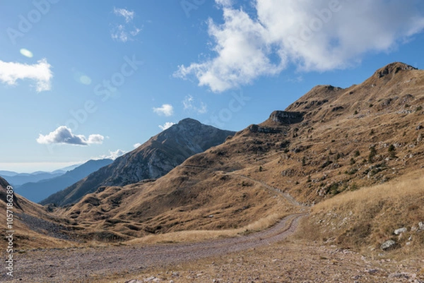 Fototapeta vista panoramica su un ambiente di montagna in alta quota nel nord Italia, con pendii erbosi che si estendono in lontananza, sotto un cielo azzurro, di giorno, in autunno