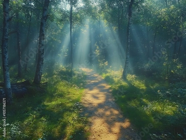Fototapeta A serene forest pathway illuminated by soft sunlight beams through the trees.