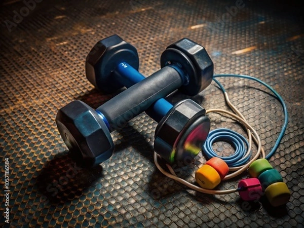 Fototapeta Stylish Still-Life with Dumbbells, Hand Grip, and Fashionable Earphones for Fitness Enthusiasts