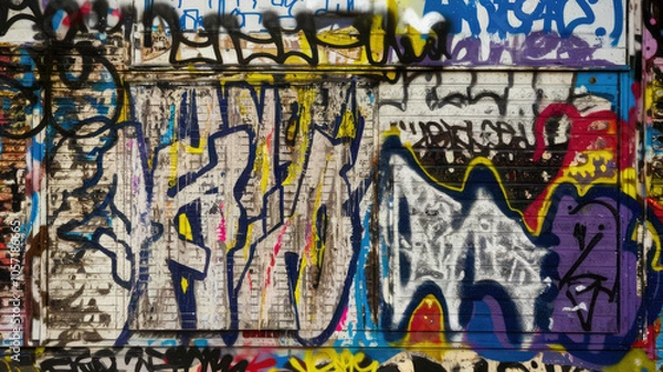 Fototapeta Graffiti on distressed wall with chaotic colors and textures.