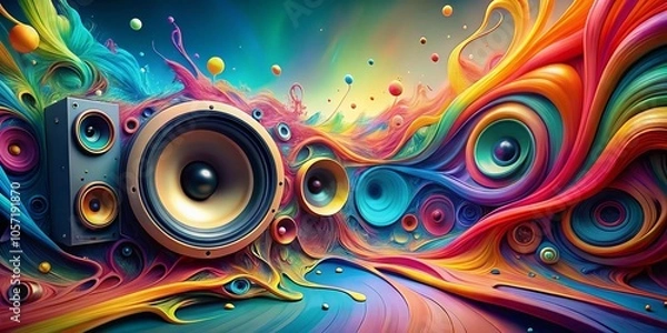 Obraz Surreal Loudspeaker with Colorful Waves Illustrating Vibrant Sound and Creativity in a Dreamlike World