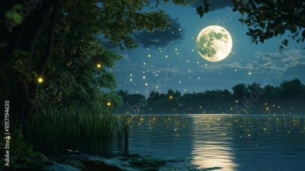 Fototapeta Summer moon shining over a calm lake, reflecting its bright light generative ai