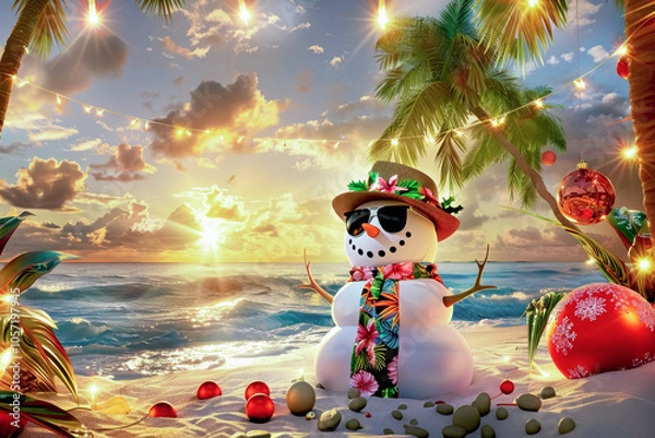 Obraz A playful snowman in sunglasses enjoys a tropical Christmas on a sandy beach at sunset