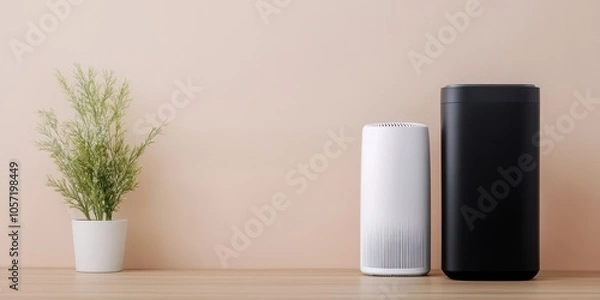 Obraz Two modern speakers beside a small plant on a wooden table against a beige background.