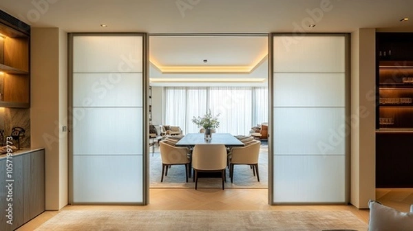 Obraz Frosted glass folding doors being opened, separating a private dining room from a vibrant living space, soft light passing through the frosted panels 