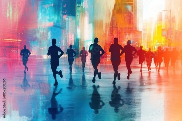 Fototapeta Colorful silhouettes of runners against an urban cityscape backdrop, capturing motion and energy during a run.