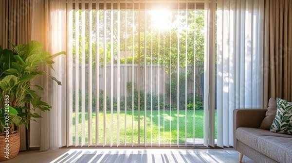 Obraz Vertical blinds being drawn across a large sliding glass door, revealing a tranquil backyard garden, with sunlight filtering in softly 