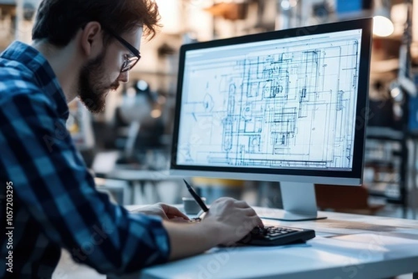 Fototapeta Engineer reviewing technical CAD drawings on a desktop computer, focusing on industrial design 32k high resolution