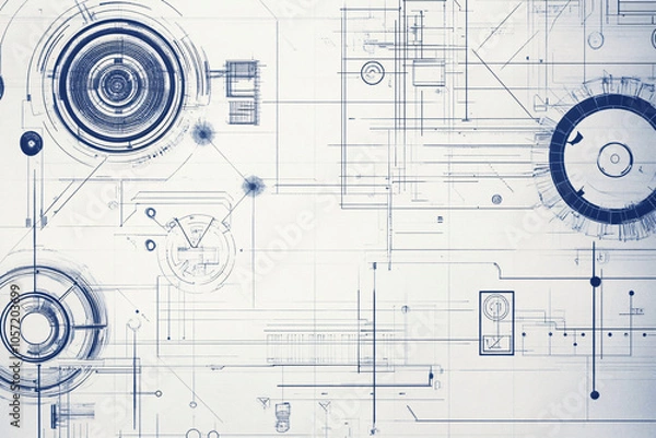 Fototapeta A technical blueprint composed of circular and linear patterns in blue and white illustrating a futuristic and organized design concept
