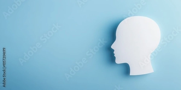 Fototapeta Die-cut silhouette of a human head on a soft blue background, representing creativity and ideas.