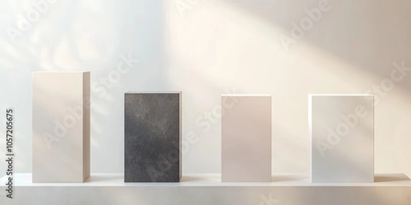 Fototapeta Four modern rectangular blocks in a minimalistic setting with soft shadows and light, perfect for branding or display purposes.