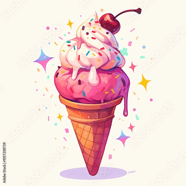 Fototapeta A vibrant illustration of an ice cream cone topped with pink and white swirls, sprinkles, and a cherry creates a playful and delicious dessert visual for food.