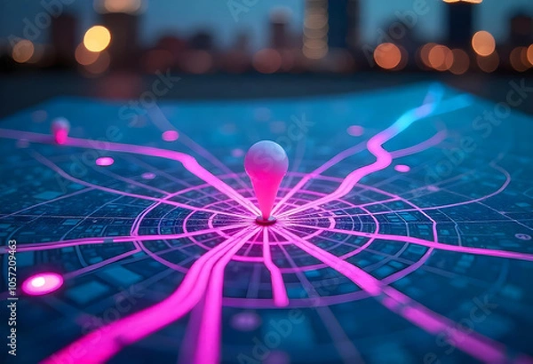 Fototapeta Close-up of a city map highlighted with glowing neon blue and pink lights, featuring a red navigation pin element, intricate abstract geometric patterns, and a softly blurred background