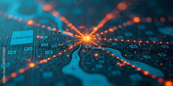 Fototapeta Close-up of a city map highlighted with glowing neon blue and pink lights, featuring a red navigation pin element, intricate abstract geometric patterns, and a softly blurred background