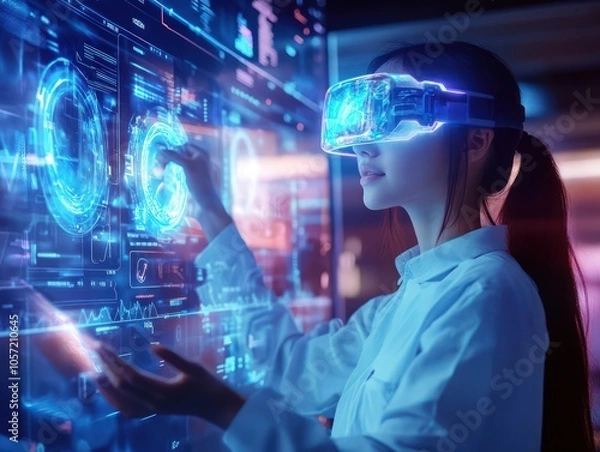 Fototapeta Futuristic e-learning platform with students interacting with holographic content