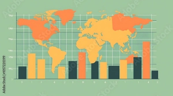 Obraz A world map with bar graphs illustrating data trends across different regions.