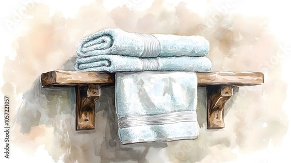 Fototapeta Watercolor Artistic using soft, brushy watercolor strokes, Soft Color, Single object picture - a set of soft pastel towels folded neatly on a wooden shelf