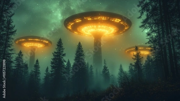 Fototapeta Three glowing yellow spaceships are hovering over a forest