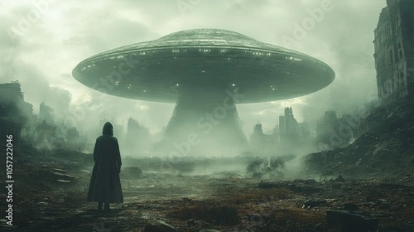 Fototapeta A man stands in front of a large, alien-like object