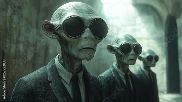 Fototapeta Three aliens wearing glasses and suits stand in a hallway