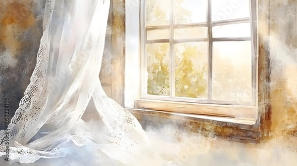 Fototapeta Watercolor Artistic using soft, brushy watercolor strokes, Soft Color, Single object picture - a delicate lace curtain flowing in the breeze from an open window