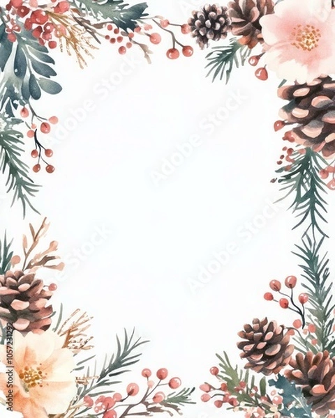 Fototapeta Watercolor winter floral frame with a blank white square in the middle