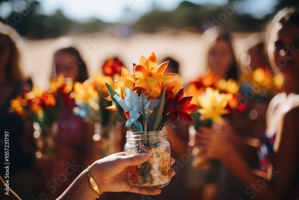 Fototapeta A group of people holding colorful flower bouquets in jars during a sunny outdoor gathering.