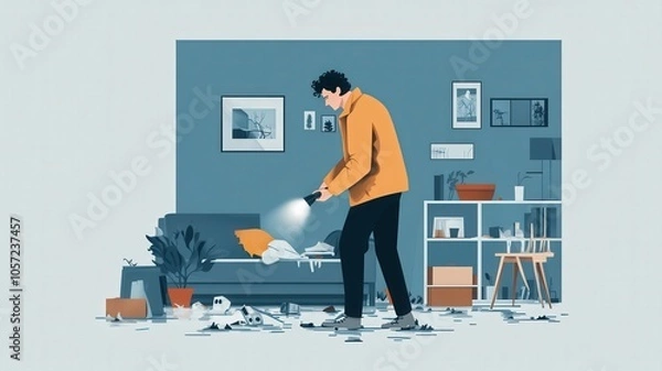 Obraz Messy Living Room Illustration with Character Holding Flashlight