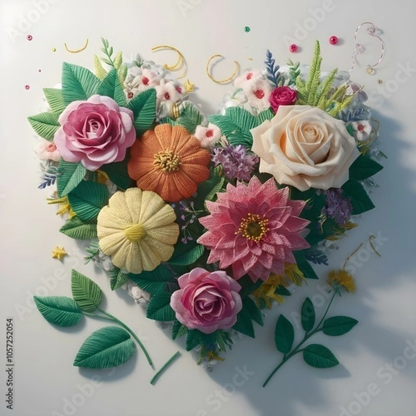Obraz Embriodered floral bouquet in the shape of a heart. Crocheted summer wildflowers are gathered in an exquisite delicate bouquet. grass, beads, leaves, twigs.