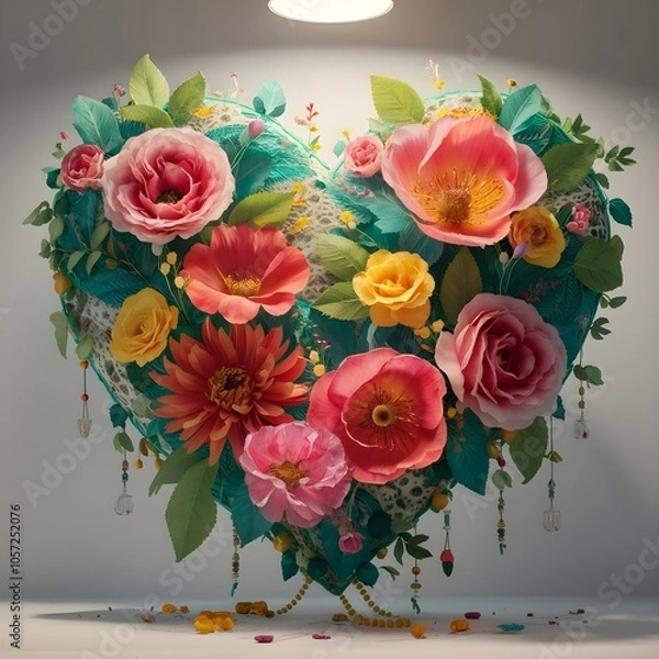 Obraz Floral bouquet in the shape of a heart. summer wildflowers are gathered in an exquisite delicate bouquet. grass, beads, leaves, twigs. White background soft light