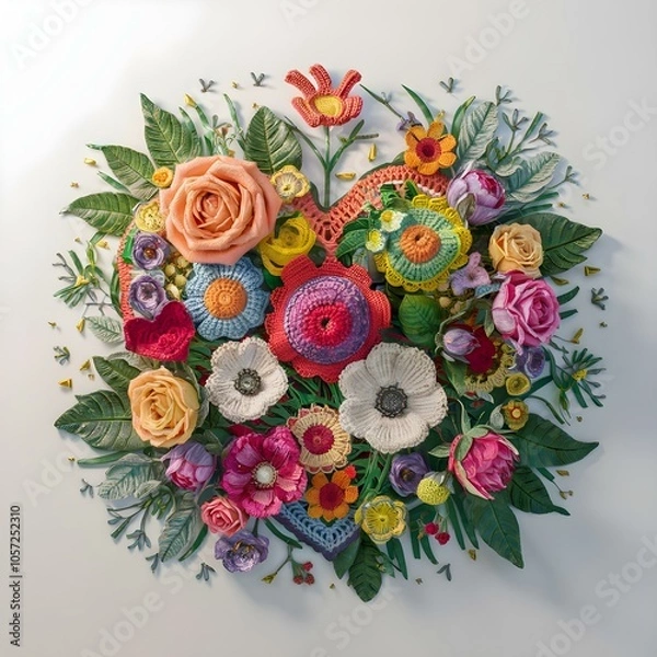 Obraz Floral bouquet in the shape of a heart. summer wildflowers are gathered in an exquisite delicate bouquet. grass, beads, leaves, twigs