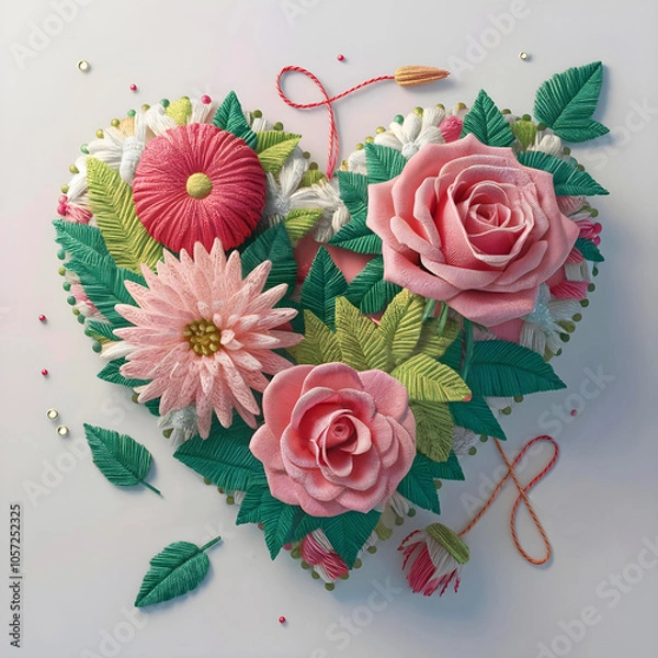 Obraz Embriodered floral bouquet in the shape of a heart. Crocheted summer wildflowers are gathered in an exquisite delicate bouquet. grass, beads, leaves, twigs.