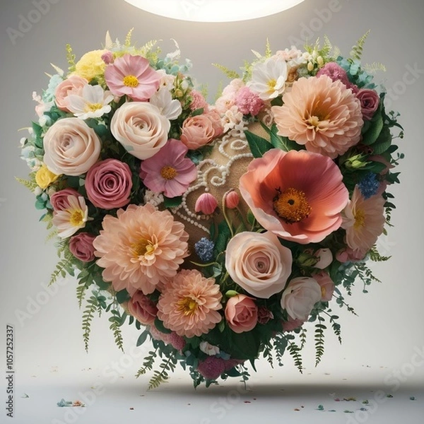 Obraz Floral bouquet in the shape of a heart. summer wildflowers are gathered in an exquisite delicate bouquet. grass, beads, leaves, twigs