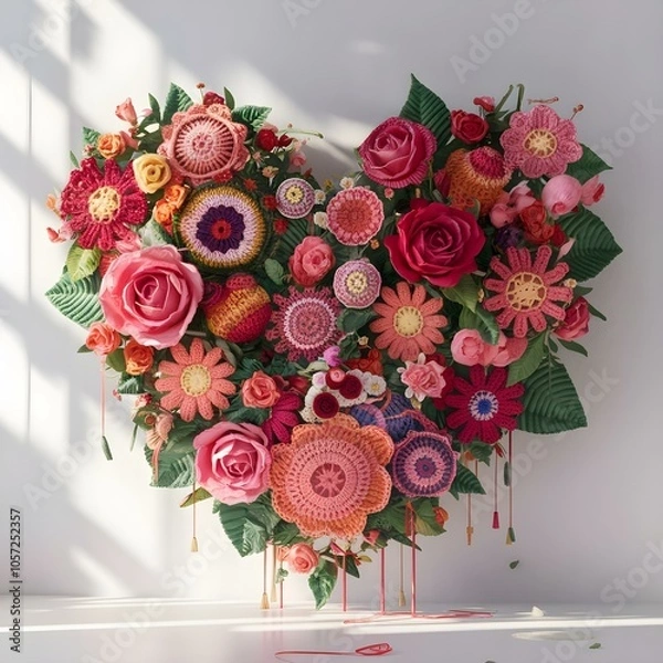 Obraz Embriodered floral bouquet in the shape of a heart. Crocheted summer wildflowers are gathered in an exquisite delicate bouquet. grass, beads, leaves, twigs.